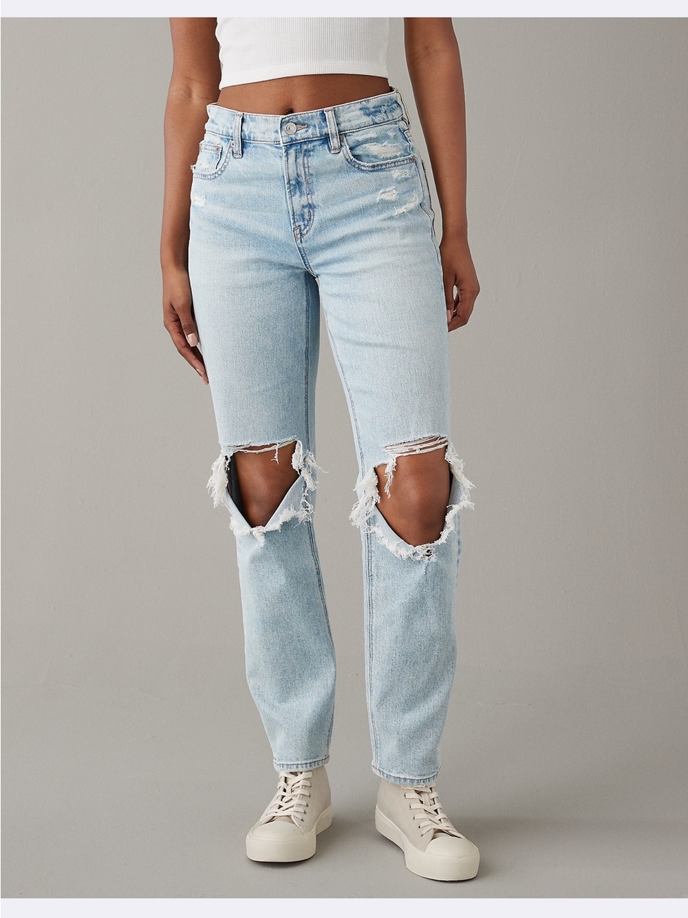 AMERICAN EAGLE Stretch Super High Waisted Ripped ankle Straight Jeans